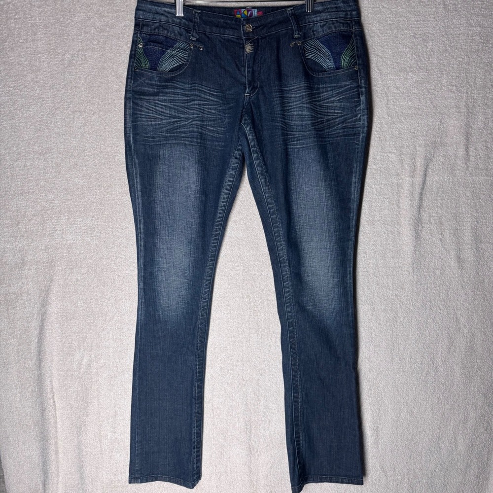 AKDMKS Women's Embroidered Flap Pocket Jeans Size 36 Y2K Dark Wash Bootcut